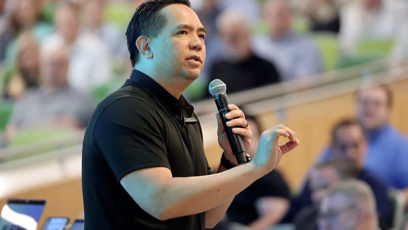 Utah Attorney General Sean D. Reyes speaks during the first Silicon Slopes Artificial Intelligence Summit at Utah Valley University in Orem on Thursday, June 15, 2023. A new complaint concerning Reyes’ relationship with embattled activist Tim Ballard has been filed.