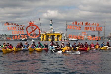 ShellNo flotilla protesters demonstrate in the Puget Sound against the arrival of the Shell Oil Company's drilling rig Polar Pioneer in Seattle, Washington, May 14, 2015. REUTERS/Matt Mills McKnight