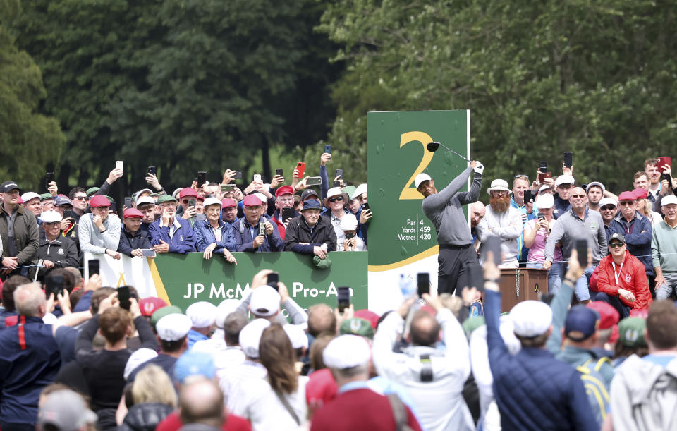 U.S golfer Tiger Woods tees off on the 2nd hole during the JP McManus Pro-Am at Adare Manor, Ireland, Tuesday, July, 5, 2022. (AP Photo/Peter Morrison)