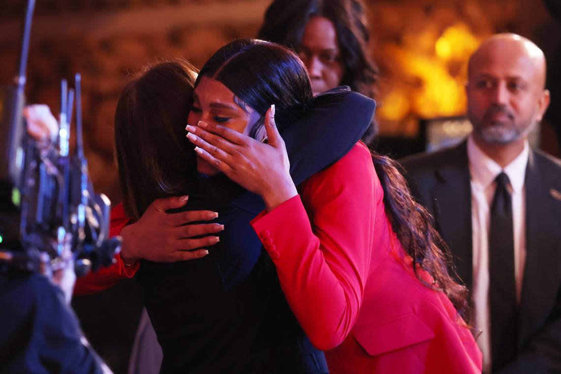 Apr 15, 2024; Brooklyn, NY, USA; Kamilla Cardoso hugs South Carolina women’s basketball assistant coach Lisa Boyer after she is selected with the number three overall pick to the Chicago Sky in the 2024 WNBA Draft at Brooklyn Academy of Music.