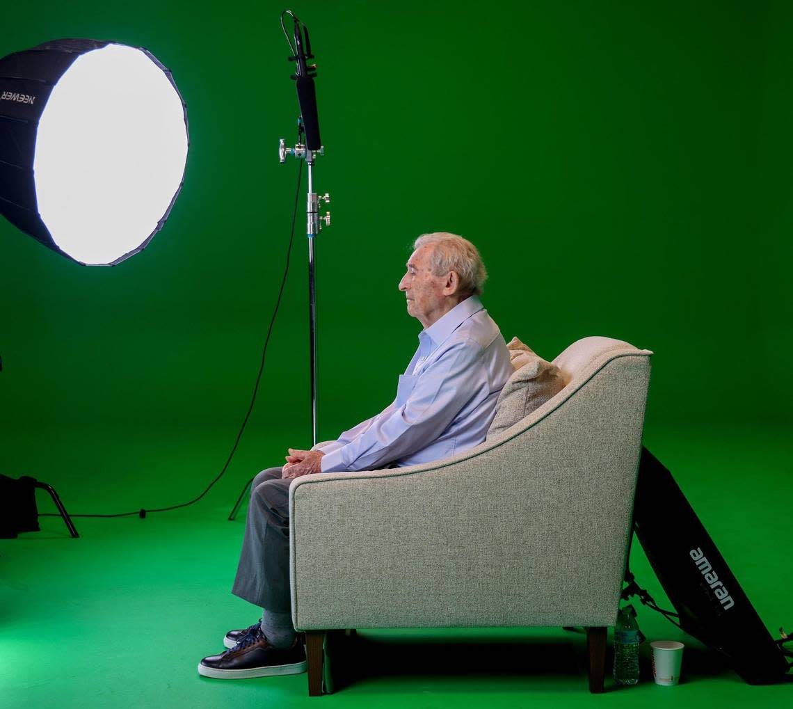 Holocaust survivor David Schaecter is interviewed on Tuesday, Jan. 24, 2023, for a holograph that will be displayed at the future Boston Holocaust Museum and other museums across the country.