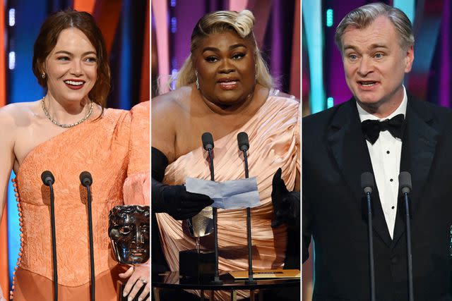 <p>Kate Green/BAFTA/Getty (3)</p> Emma Stone, Da'Vine Joy Randolph, and Christopher Nolan accept their trophies at the 2024 BAFTA Film Awards