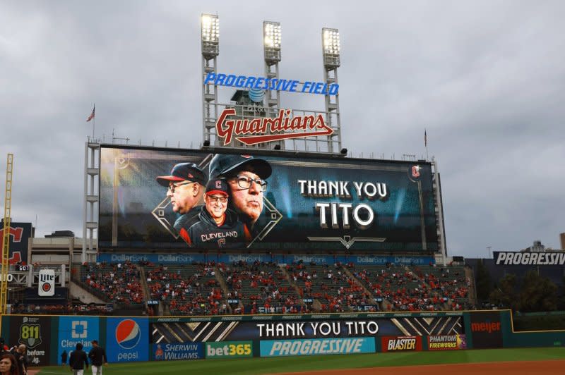 Cleveland Guardians manager Terry Francona is honored prior to a game against the Cincinnati Reds on Wednesday at Progressive Field in Cleveland. Photo by Aaron Josefczyk/UPI
