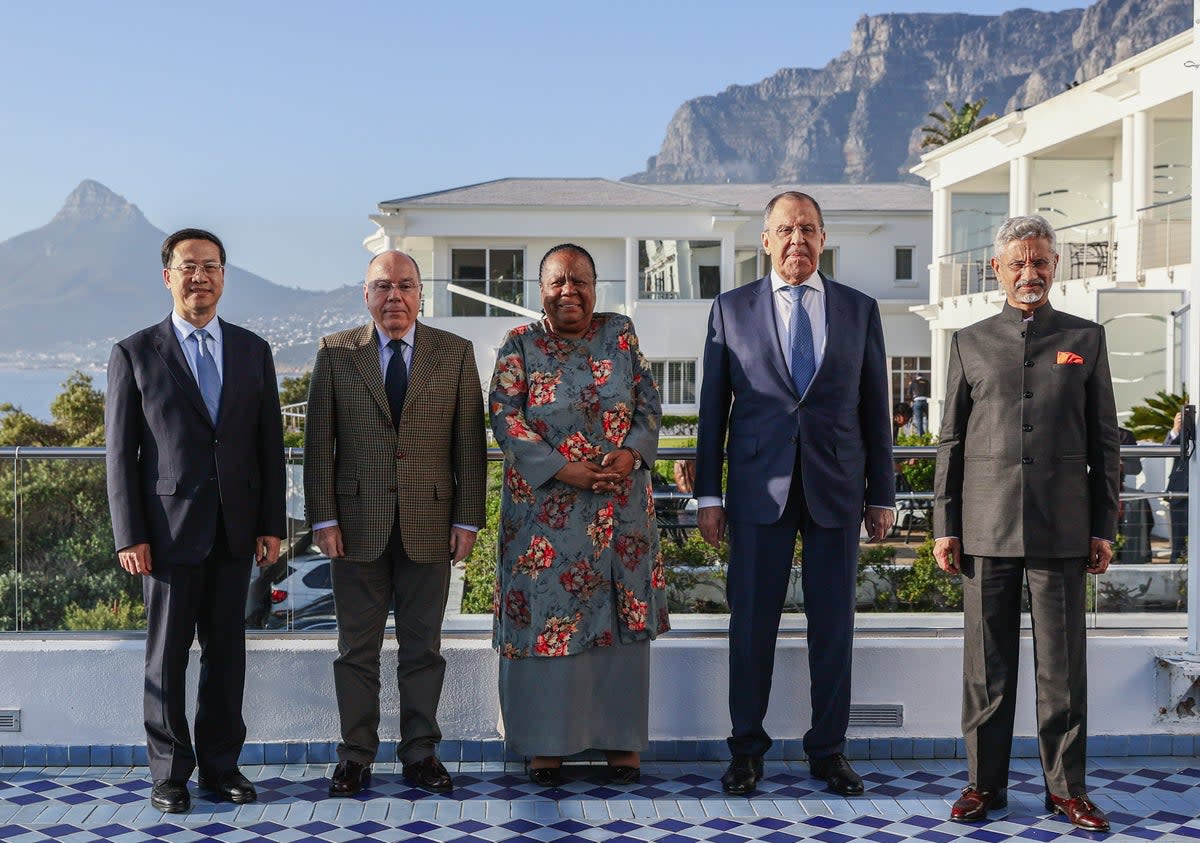 China’s deputy minister of foreign affairs Ma Zhaoxu, Brazil’s foreign minister Mauro Vieira, South Africa's Naledi Pandor, Russian foreign minister Sergei Lavrov, and India’s foreign minister S Jaishankar in Cape Town on Thursday  (EPA)