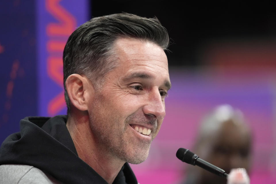 San Francisco 49ers coach Kyle Shanahan participates in the NFL football Super Bowl 58 opening night, Monday, Feb. 5, 2024, in Las Vegas. The San Francisco 49ers face the Kansas City Chiefs in Super Bowl 58 on Sunday. (AP Photo/Godofredo A. Vásquez)