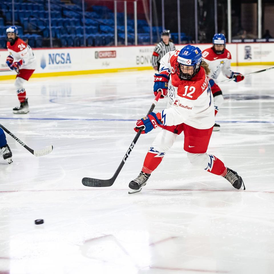 Czechia's Klara Hymlarova shoots the puck against Finland at the Adirondack Bank Center Wednesday.