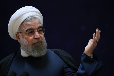 Iran's President Hassan Rouhani gestures as he speaks during a ceremony marking National Day of Space Technology in Tehran, Iran February 1, 2017. President.ir/Handout via REUTERS