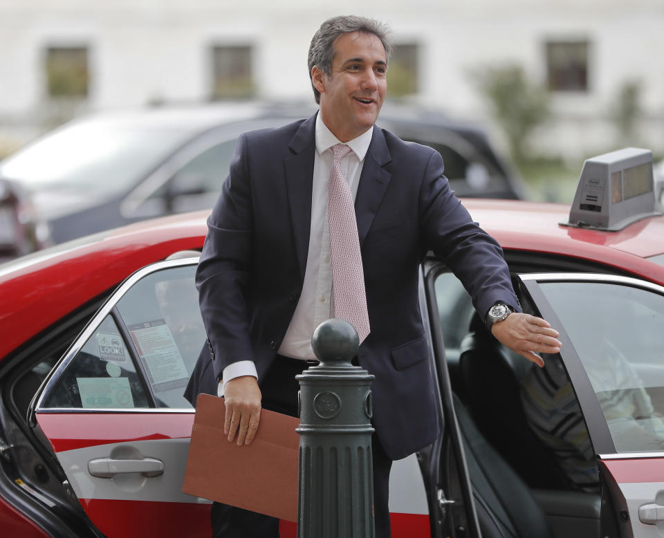 FILE - In this Sept. 19, 2017, file photo, Michael Cohen arrives on Capitol Hill in Washington. A secret recording between Donald Trump and Cohen discussing payments to a Playboy model has brought renewed attention to the question of whether the candidate and his lawyer sought to stymie politically damaging stories from women ahead of the 2016 presidential election. But it’s not clear that the brief recording, on its own, creates additional legal problems for either man. (AP Photo/Pablo Martinez Monsivais, File)