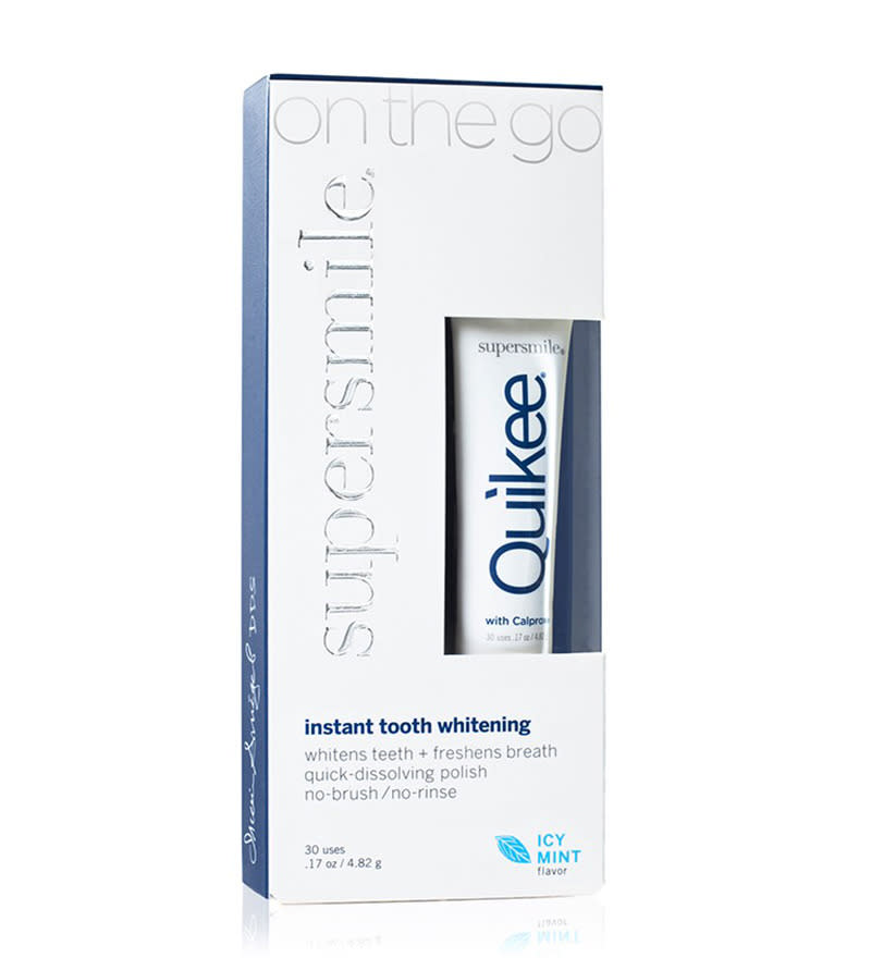 <p>This tiny tube is a no-brainer to keep on hand at your desk. A quick swipe across your teeth whitens and gives you minty-fresh breath. <a href="http://www.neimanmarcus.com/Supersmile-Quikee-Instant-Tooth-Whitening/prod149710032/p.prod" rel="nofollow noopener" target="_blank" data-ylk="slk:Supersmile Quickee;elm:context_link;itc:0" class="link ">Supersmile Quickee</a>, $18 (Photo courtesy Supersmile) </p>