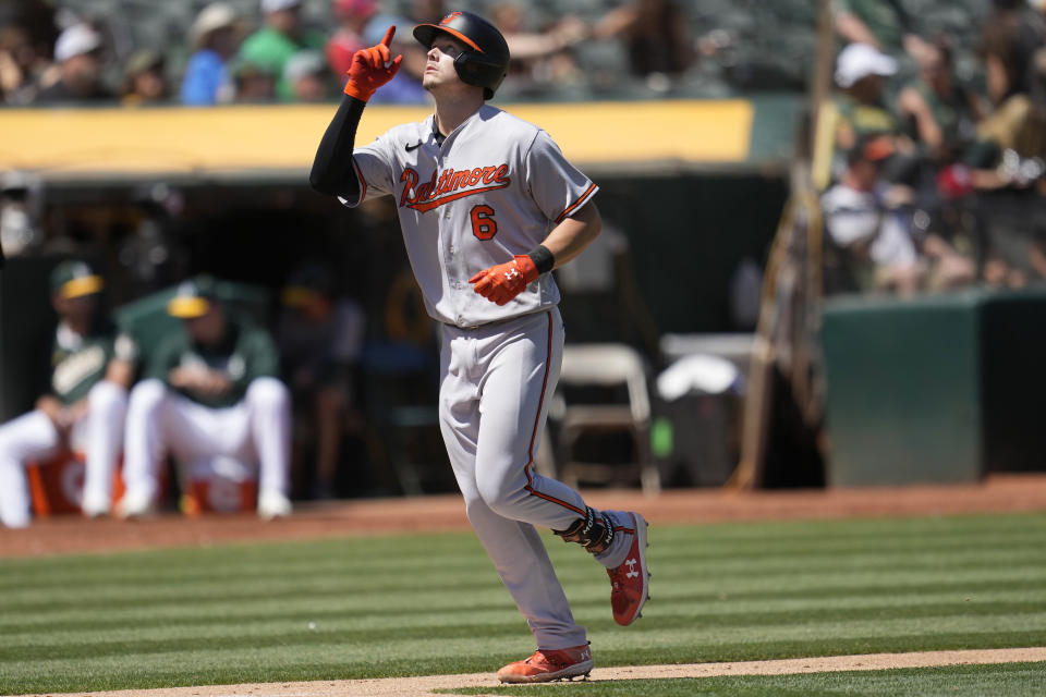 Baltimore Orioles' Ryan Mountcastle celebrates after hitting a three-run home run against the Oakland Athletics during the fourth inning of a baseball game in Oakland, Calif., Sunday, Aug. 20, 2023. (AP Photo/Jeff Chiu)