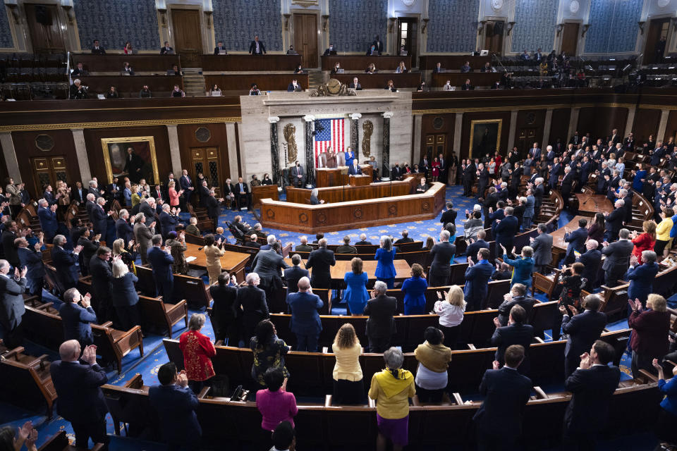 President Joe Biden delivers his first State of the Union address to a joint session of Congress at the Capitol, Tuesday, March 1, 2022, in Washington. (Jim Lo Scalzo/Pool via AP)