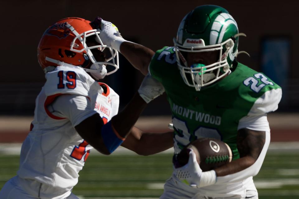 Montwood's Izayuh Claudio (22) at a high school football game against San Angelo Central on Friday, Sept. 1, 2023, at the SISD Student Activities Complex in El Paso.