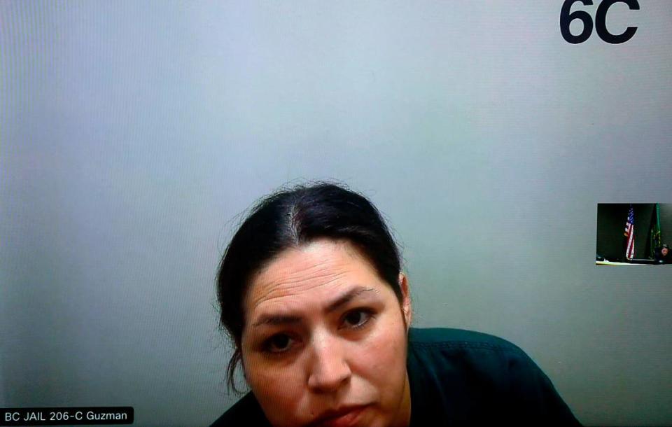 Rosalina Guzman, mother of murder suspect Felipe Manjares, 19, appears via video link in Benton County Superior Court in Kennewick.