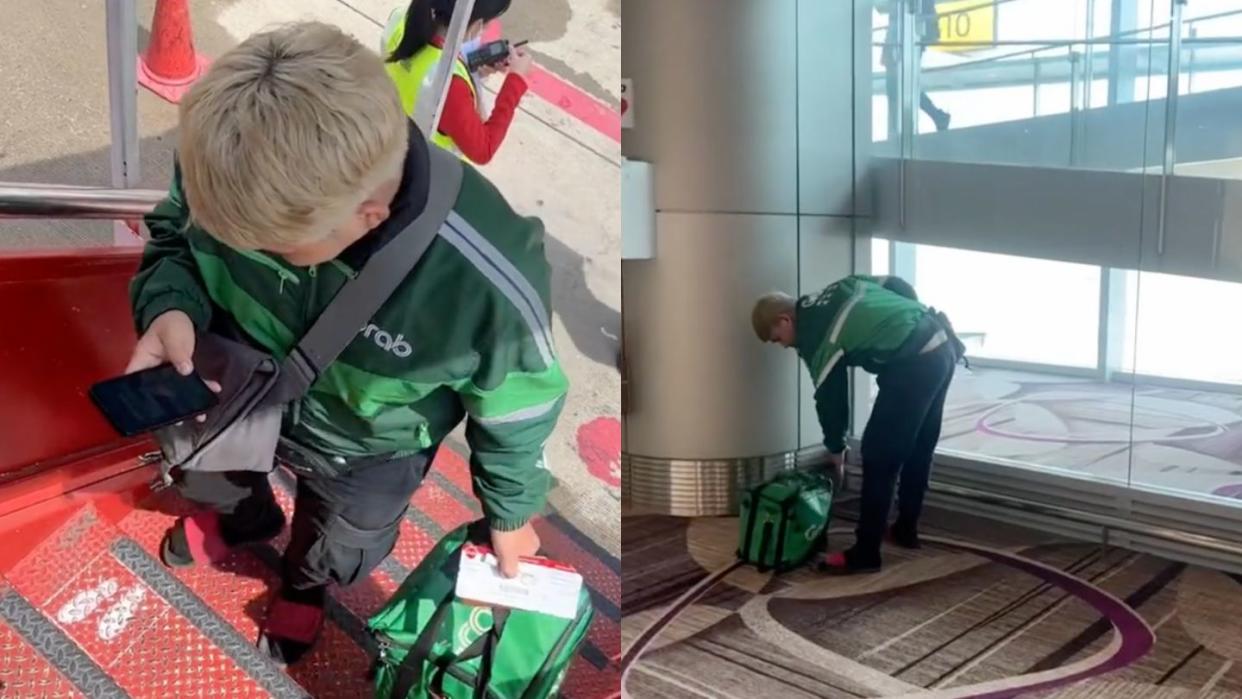 A man in Grab's iconic green uniform boards a plane from Bangkok to Singapore in a video disputed by the ride-hailing company as fictional