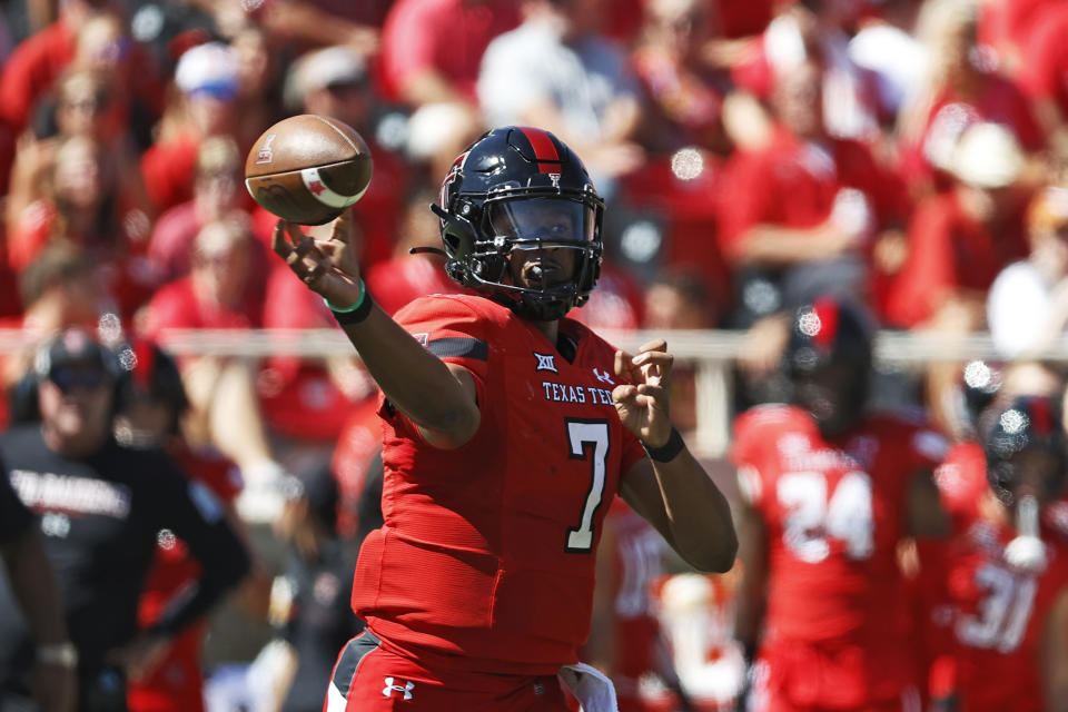 Texas Tech's Donovan Smith (7) passes the ball during the first half of an NCAA college football game against Texas, Saturday, Sept. 24, 2022, in Lubbock, Texas. (AP Photo/Brad Tollefson)