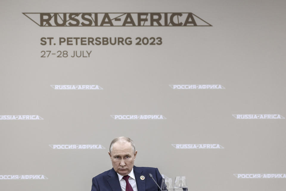Russian President Vladimir Putin, center, attends a breakfast meeting with leaders of African regional organisations on the sideline of the Russia Africa Summit in St. Petersburg, Russia, Thursday, July 27, 2023. (Mikhail Metzel/TASS Host Photo Agency Pool Photo via AP)