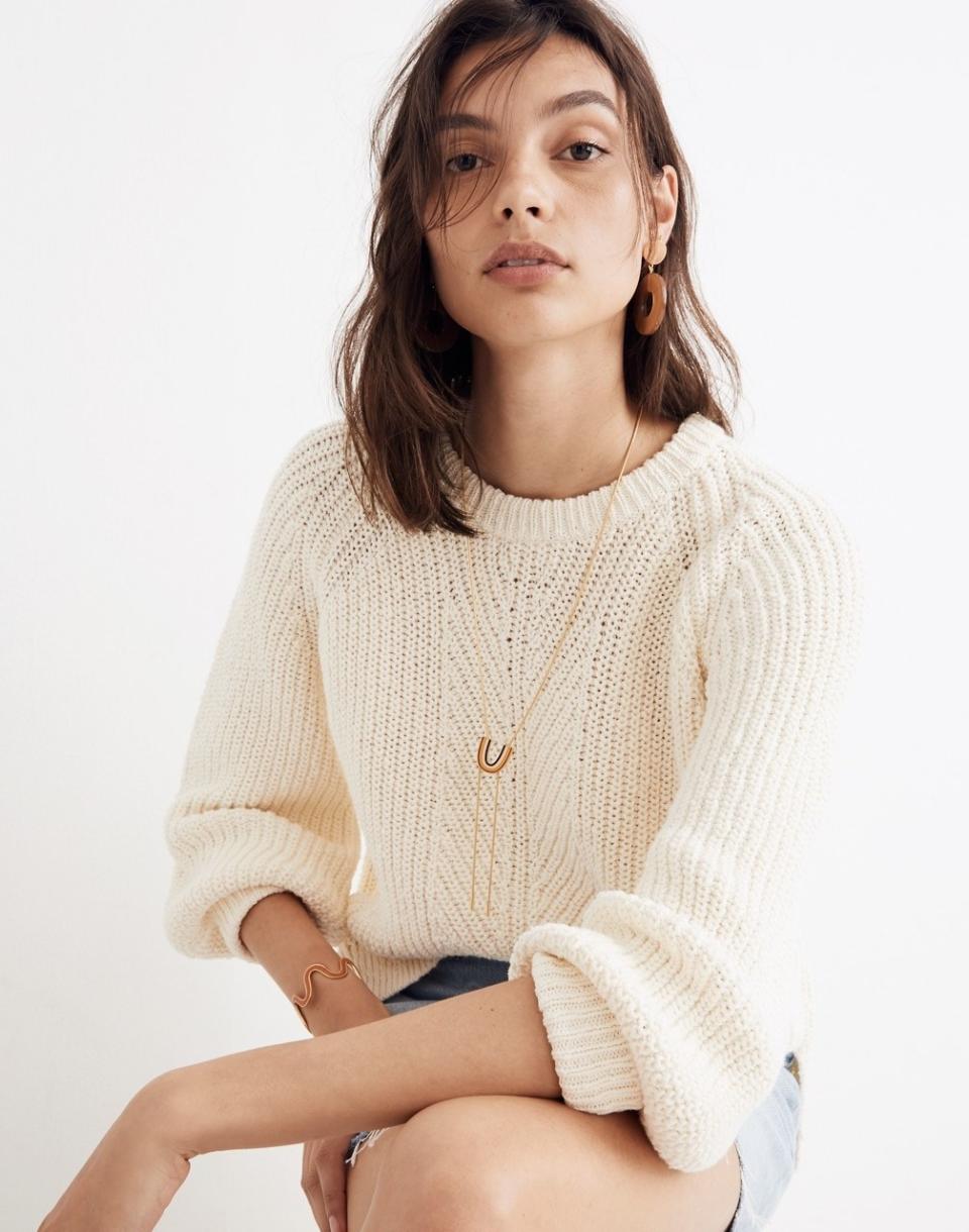 <em><strong>Shop Now:</strong> Madewell Balloon-Sleeve Pullover Sweater, $88. <a rel="nofollow noopener" href="https://www.madewell.com/balloon-sleeve-pullover-sweater-J8667.html?dwvar_J8667_color=NA5622&cgid=apparel-sweaters&position=11&position=11" target="_blank" data-ylk="slk:madewell.com;elm:context_link;itc:0;sec:content-canvas" class="link ">madewell.com</a>.</em>