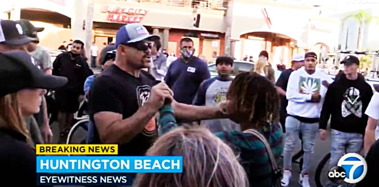 Chuck Liddell calming protesters in Huntington Beach