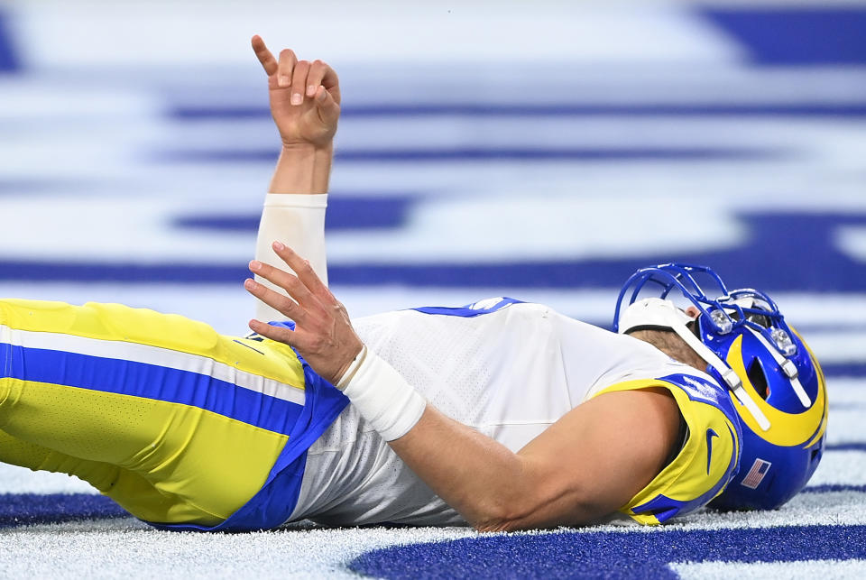 Matthew Stafford of the Los Angeles Rams reacts after throwing an interception to the Tennessee Titans. (Photo by Jayne Kamin-Oncea/Getty Images)