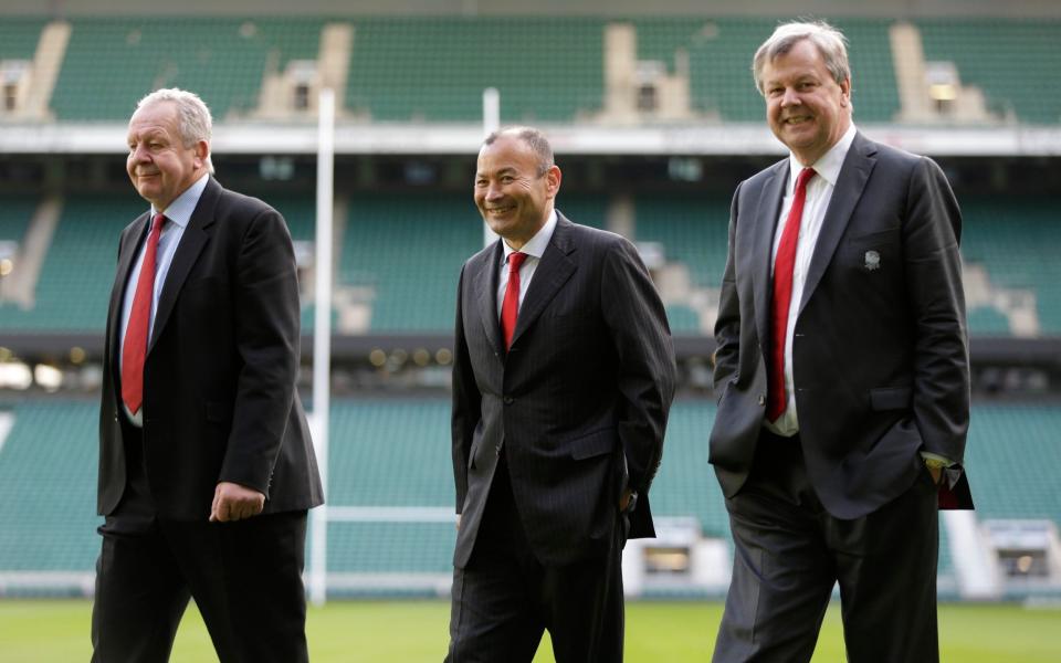 Ian Ritchie (right) pictured alongside Sir Bill Beaumont (left) when Jones (centre) was unveiled as England head coach - REUTERS