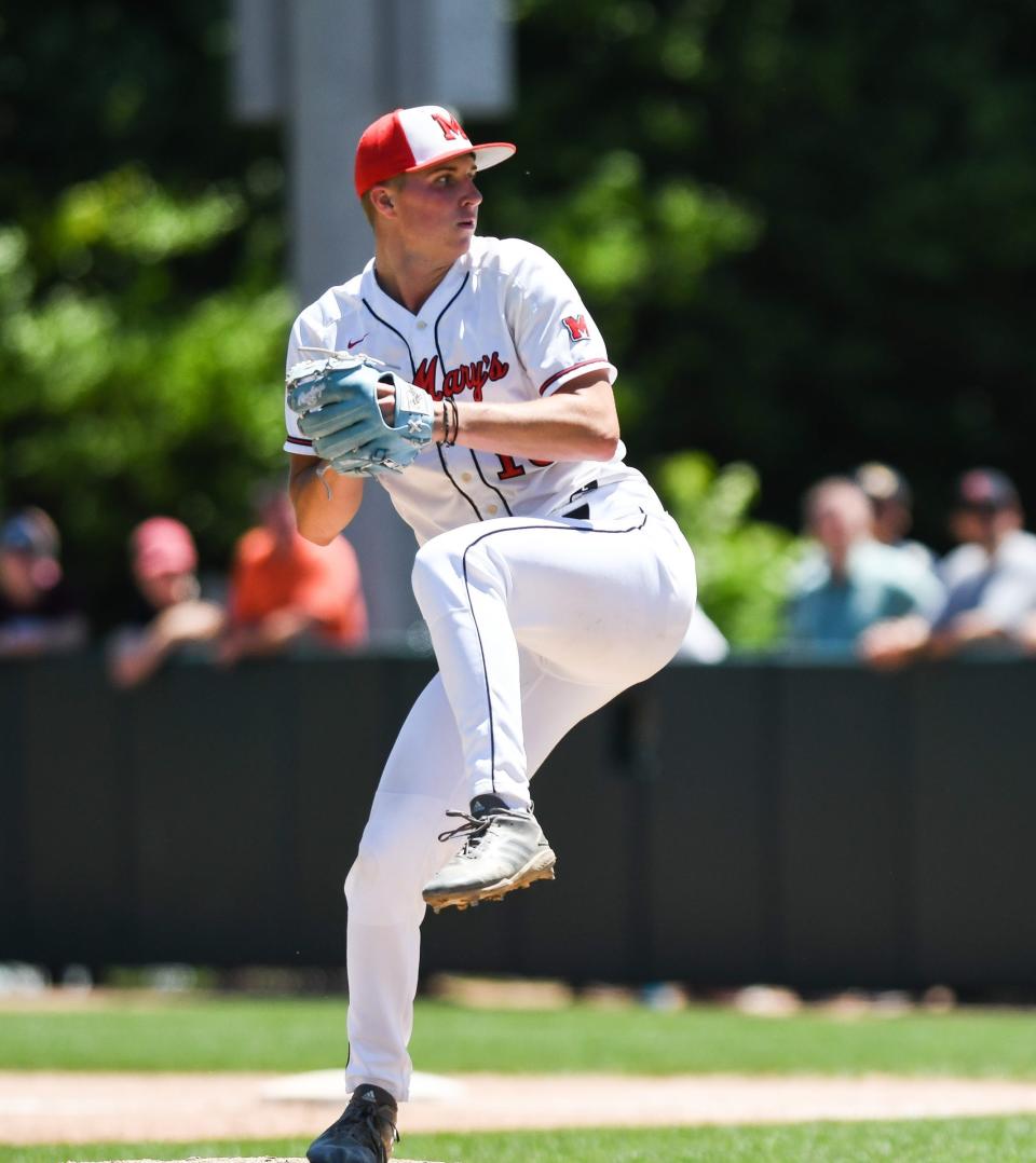 Orchard Lake St. Mary's  pitcher Brock Porter throws against Forest Hills Northern Friday, June 17, 2022, during the MHSAA D1 semifinal at McLane Stadium in East Lansing. Orchard Lake St. Mary's  won 9-0. Porter threw a no-hitter.