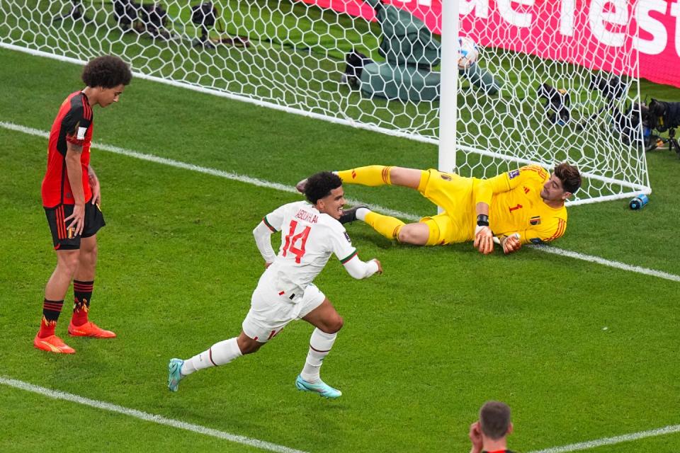 Morocco's Zakaria Aboukhlal scores his side's second goal during the World Cup group F football match between Belgium and Morocco, at the Al Thumama Stadium in Doha, Qatar, Sunday, Nov. 27, 2022. (AP Photo/Pavel Golovkin)