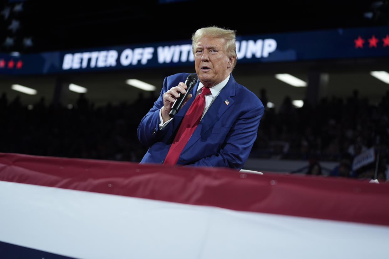 Republican presidential candidate former President Donald Trump speaks during a town hall event at the Dort Financial Center, Tuesday, Sept. 17, 2024, in Flint, Mich. (AP Photo/Evan Vucci)