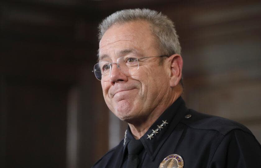 Los Angeles, CA - dLos Angeles Police Department Chief Michel Moore announces his retirement at a press conference with Los Angeles Mayor Karen Bass at L.A. City Hall on Friday, Jan. 12, 2024. (photographer / Los Angeles Times)