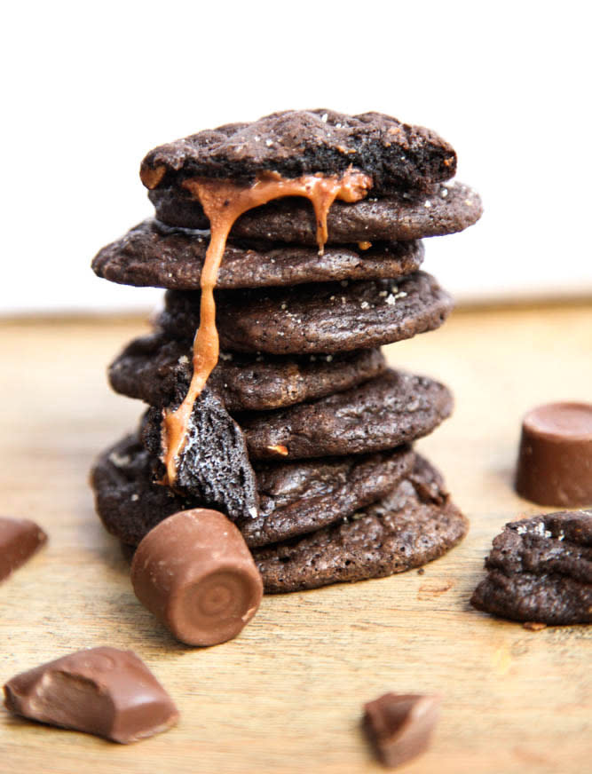 Salted Dark Chocolate Rolo-Filled Cookies