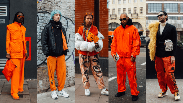 On the street at London Fashion Week Men's Fall 2020. 