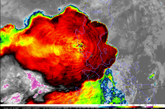 Infrared satellite photo of Mt. Pinatubo ash cloud on June 15, 1991 (CIMSS/NOAA-10 AVHRR)