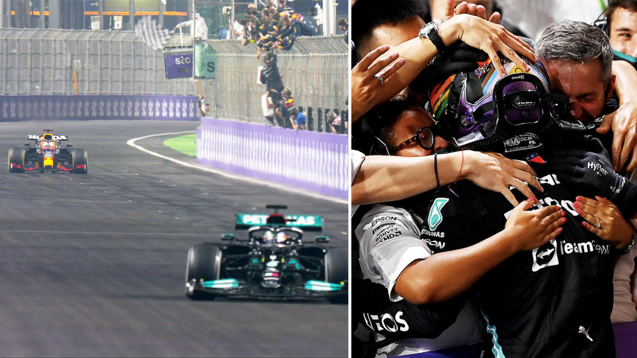 Lewis Hamilton, pictured here winning a chaotic Saudi Arabia Grand Prix ahead of Max Verstappen.