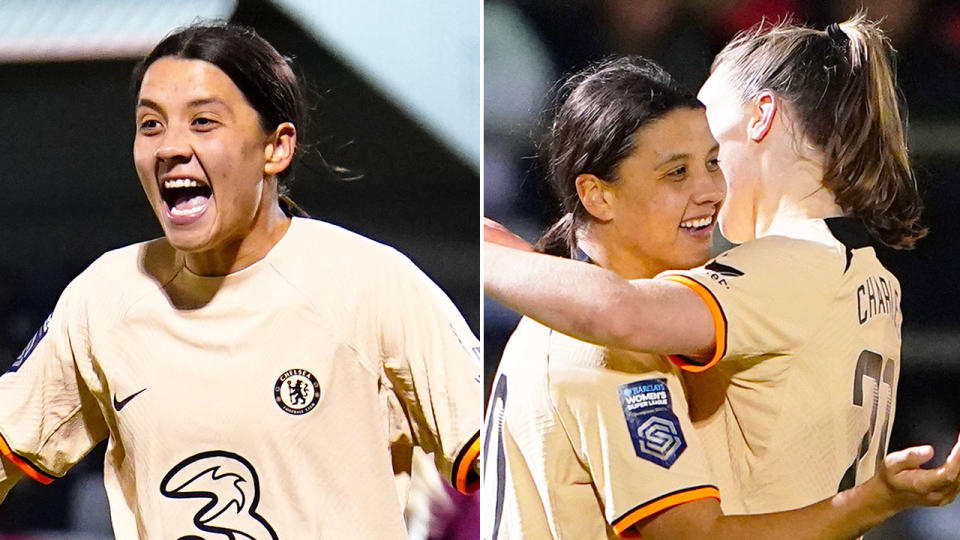 Seen here, Sam Kerr celebrates during Chelsea Women's 7-0 rout of West Ham in the League Cup semi-finals. 