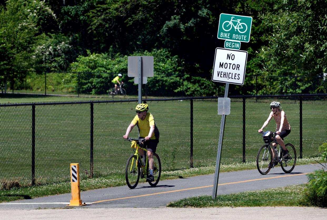 Bikes come to the end of the William C. O'Neill bike path behind the Narragansett Elementary School in Narragansett.