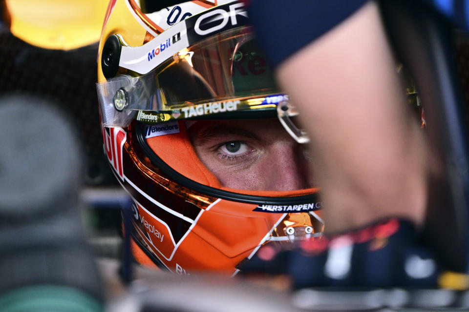 Red Bull driver Max Verstappen, of the Netherlands, sits in his car during the qualifying session for the Austrian Formula One Grand Prix at the Red Bull Ring racetrack in Spielberg, Austria, Saturday, June 29, 2024. (AP Photo/Christian Bruna, Pool)