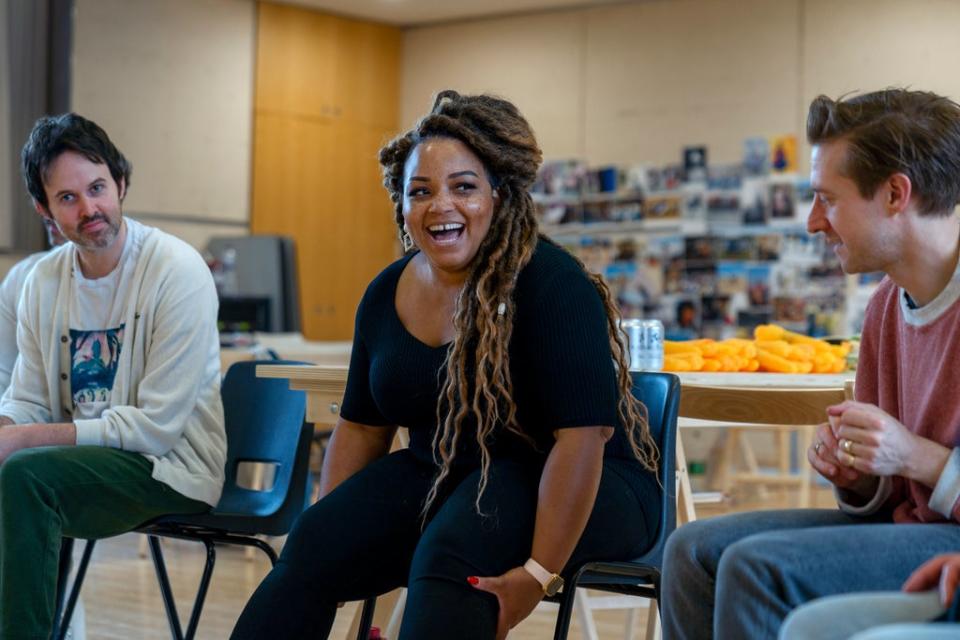 James Davis (Will Parker), Marisha Wallace (Ado Annie) and Darvill in rehearsals (Anne Tetzlaff)