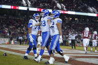 BYU tight end Isaac Rex (83) celebrates with teammates after his touchdown against Stanford during the first half of an NCAA college football game in Stanford, Calif., Saturday, Nov. 26, 2022. (AP Photo/Godofredo A. Vásquez)