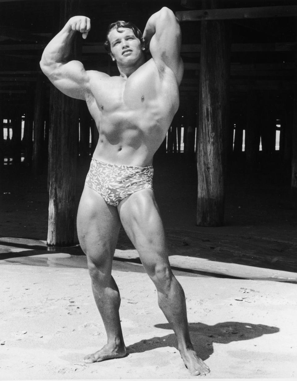 circa 1966 full length image of austrian born bodybuilder arnold schwarzenegger flexing his muscles and wearing a print bathing suit, muscle beach, santa monica, california photo by hulton archivegetty images