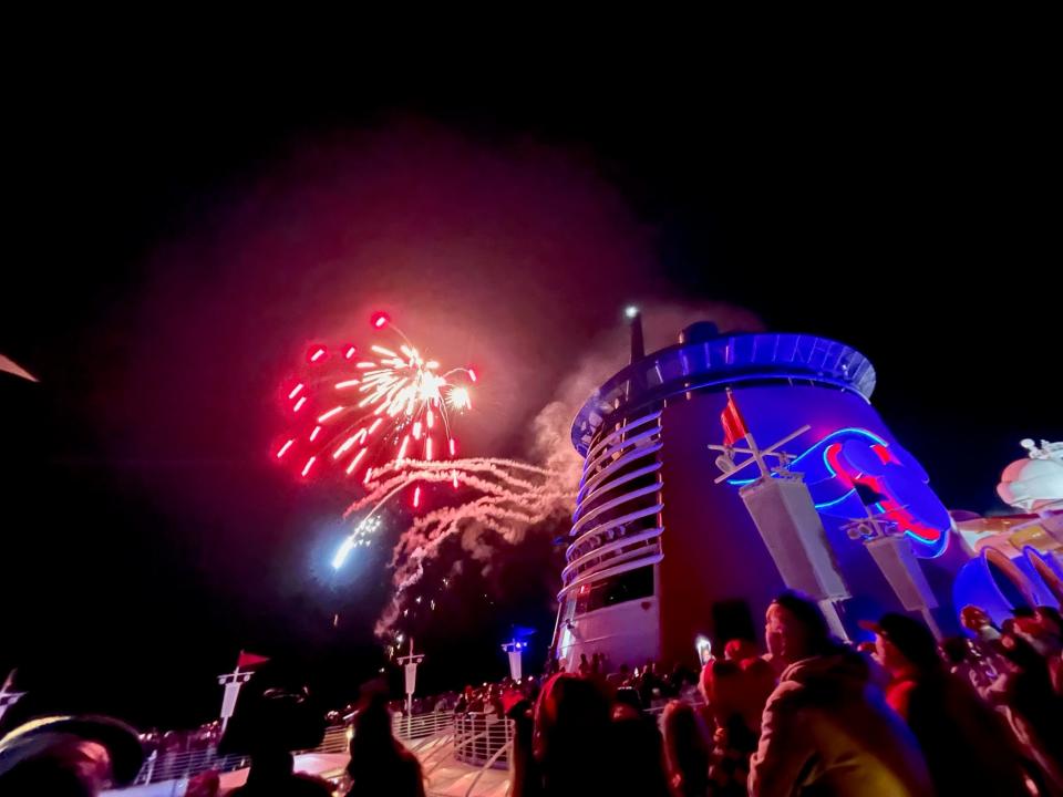 Fireworks above top of Disney cruise ship