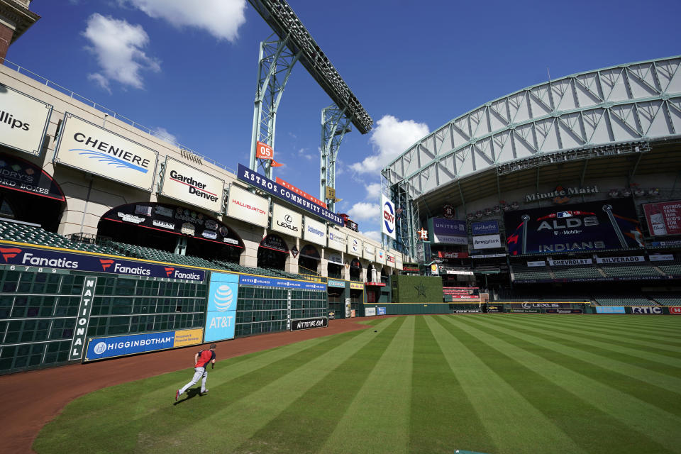 Cleveland Indians starting pitcher Corey Kluber runs sprints during practice at Minute Maid Park Thursday, Oct. 4, 2018, in Houston. The Indians will play the Houston Astros in Game 1 of the American League Division Series on Friday. (AP Photo/David J. Phillip)