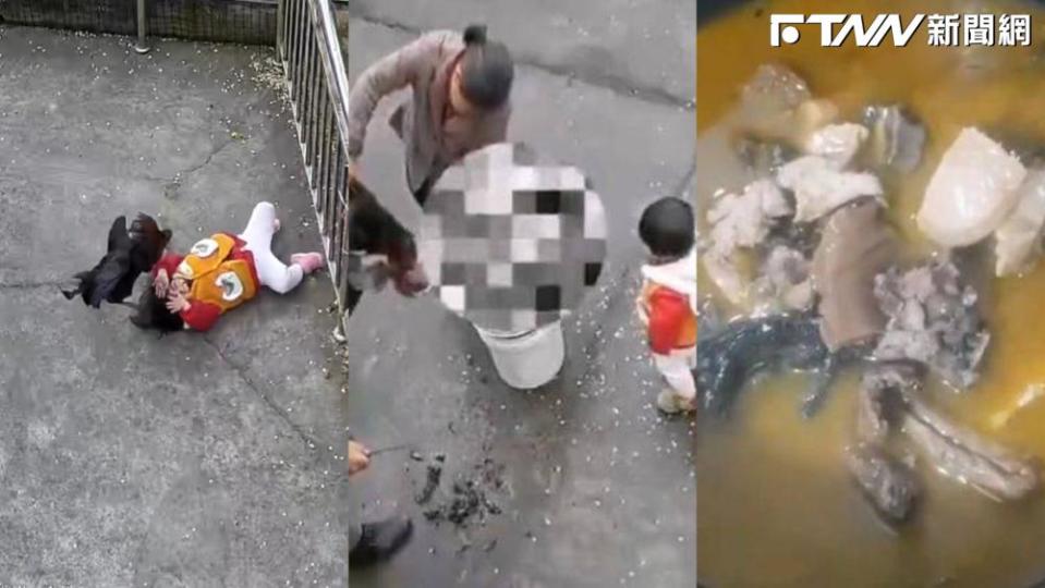 中國​​​​​​​一名2歲女童在自家院子遭公雞飛踹，阿公心疼孫女遭公雞欺負，氣得將公雞宰了後拔毛燉湯。（圖／翻攝微博）