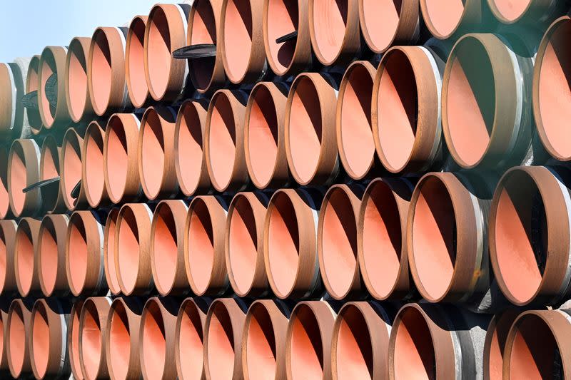 FILE PHOTO: Pipes for the Nord Stream 2 gas pipeline in the Baltic Sea, which are not used, are seen in the harbour of Mukran