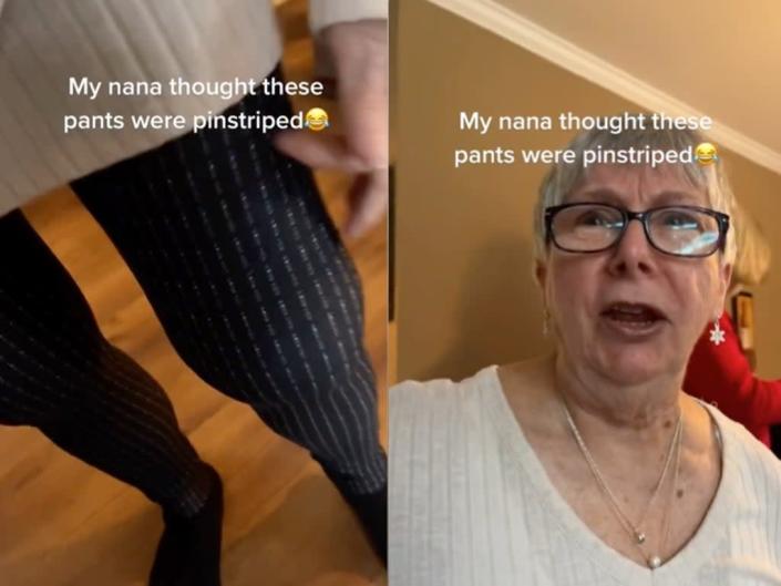 The female movie grandmother's reaction to finding leggings patterns actually consists of explicit words (TikTok / @chels_bb).