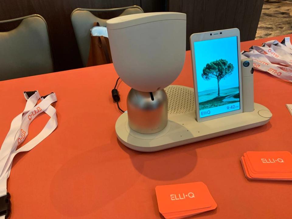 ElliQ, a voice-activated AI-powered robot meant to help seniors combat loneliness and help them live independently at home as long as possible, was showcased during the “New Face of Aging” conference on Oct. 26, 2023 in Coral Gables.