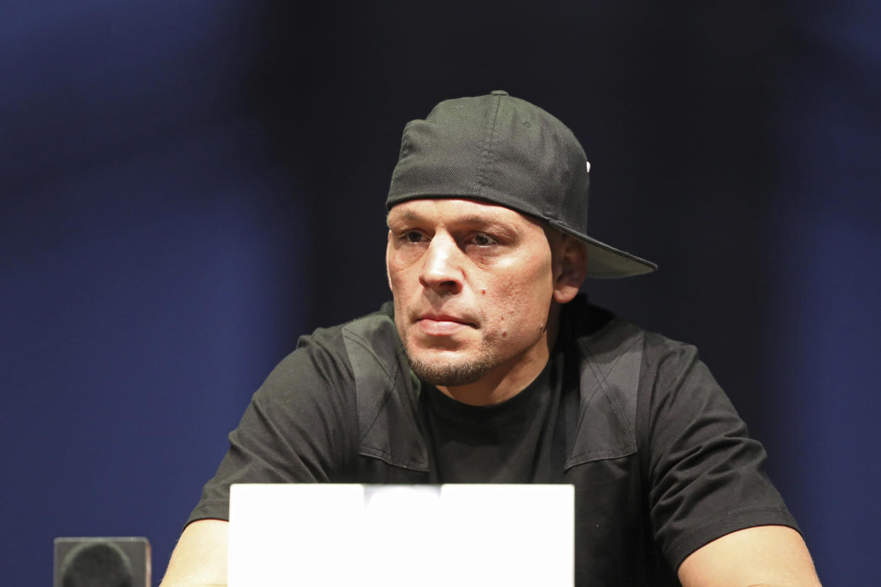 Nate Diaz is seen at a news conference for the UFC 244 mixed martial arts event, Thursday, Sept. 19, 2019, in New York. Masvidal is scheduled to fight Diaz Saturday, November 2 at Madison Square Garden. (AP Photo/Gregory Payan)