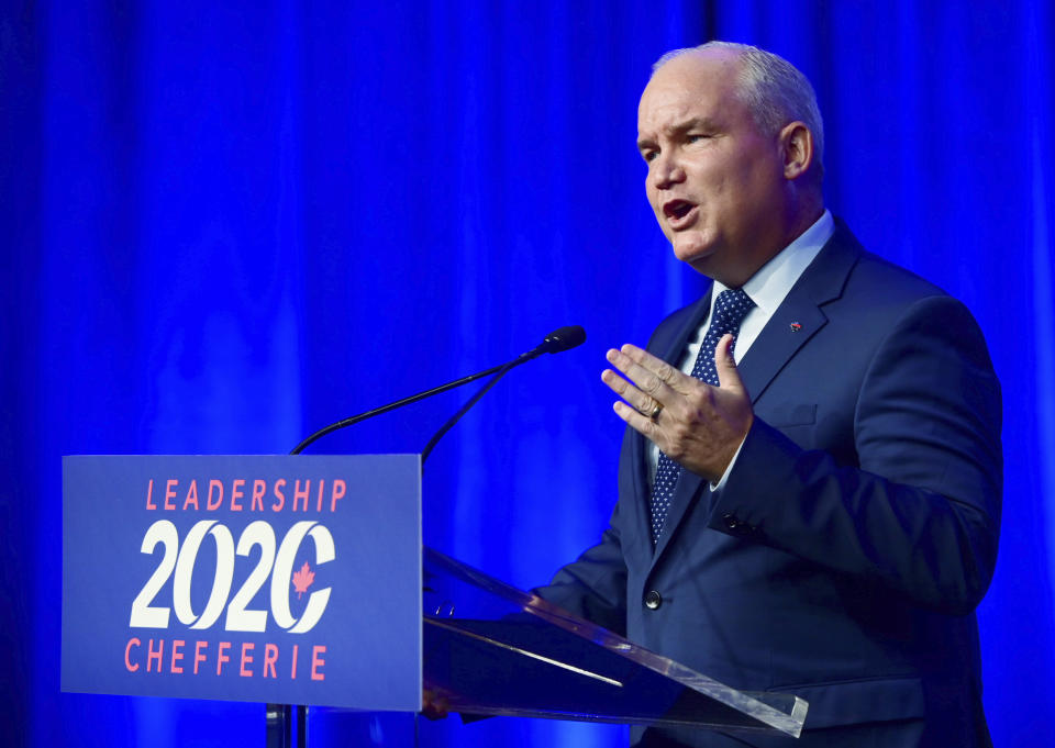 Conservative Party of Canada Leader Erin O'Toole speaks after his win at the 2020 Leadership Election in Ottawa, Ontario, Sunday, Aug. 23, 2020. (Sean Kilpatrick/The Canadian Press via AP)