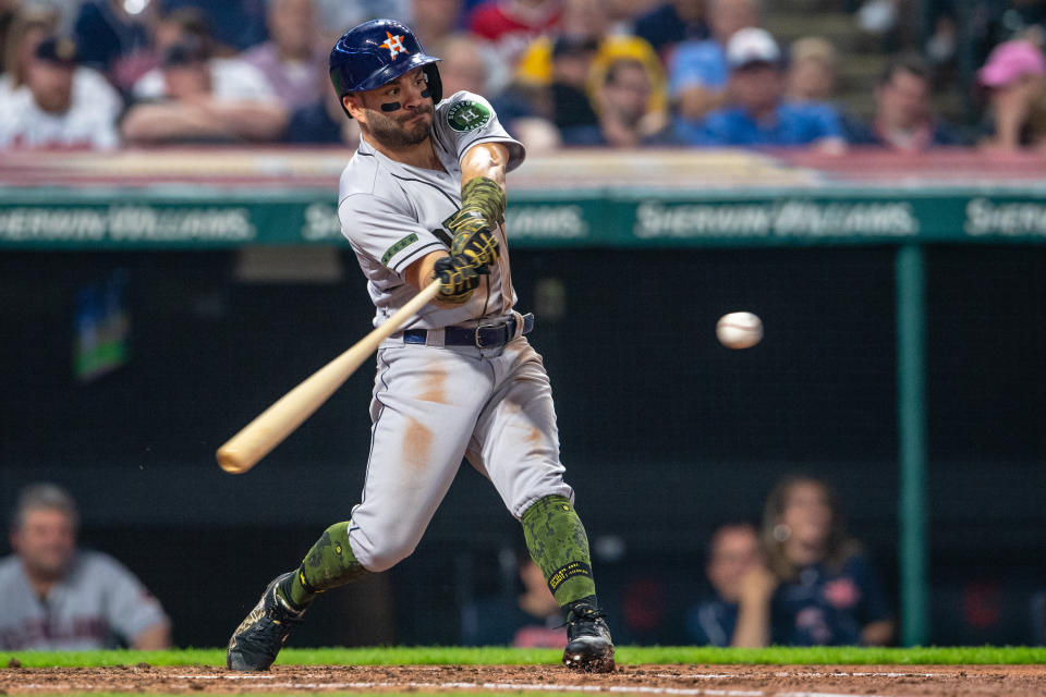 Jose Altuve recorded 10 hits in 10 consecutive at bats for the Houston Astros this weekend, setting a club record. (Jason Miller/Getty Images)