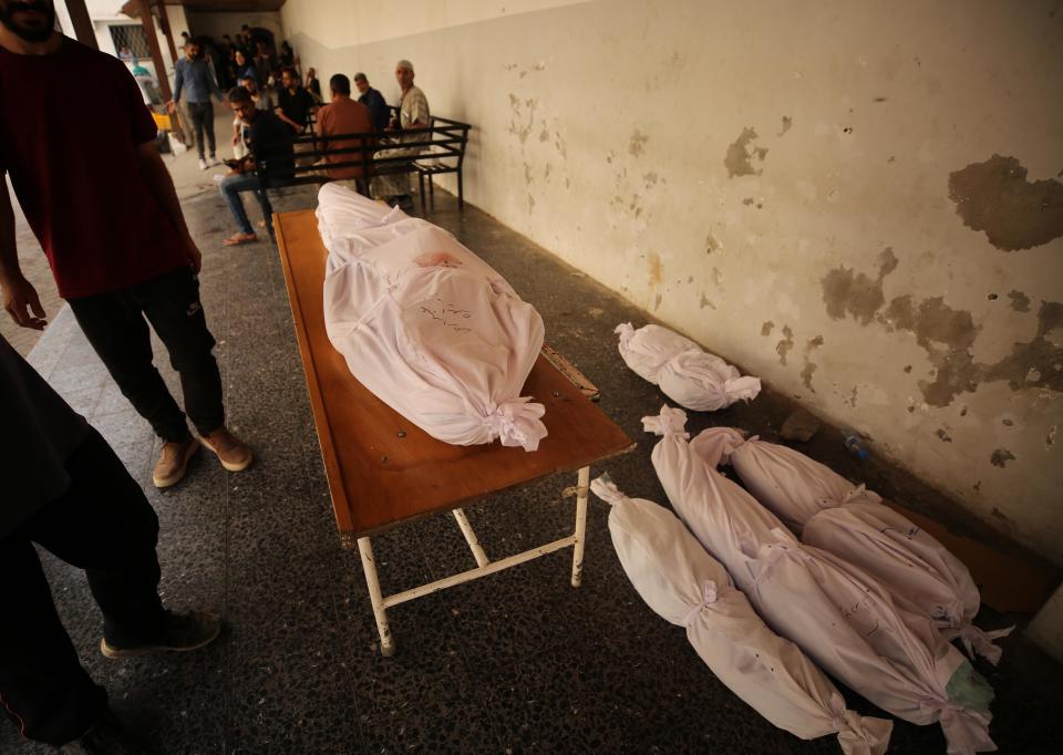 The bodies of Palestinians, killed in Israeli attacks on Jabalia and Beit Lahia in northern Gaza, are brought to the morgue of the al-Ahli Baptist Hospital in Gaza City, May 22, 2024. / Credit: Dawoud Abo Alkas/Anadolu/Getty