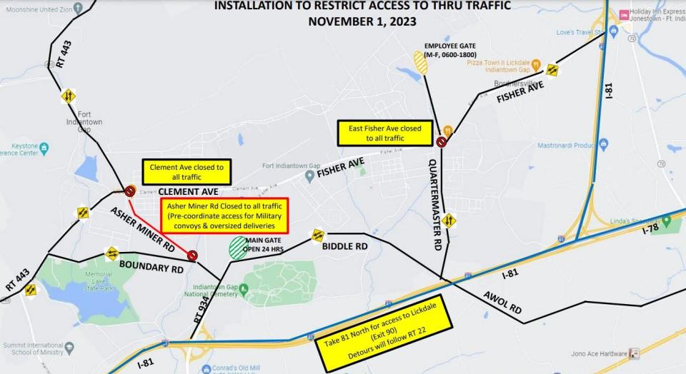 Construction of the main access control point at Fort Indiantown Gap has been completed, with officials saying all other entrances will be closed to traffic when it operational Wednesday, Nov. 1.