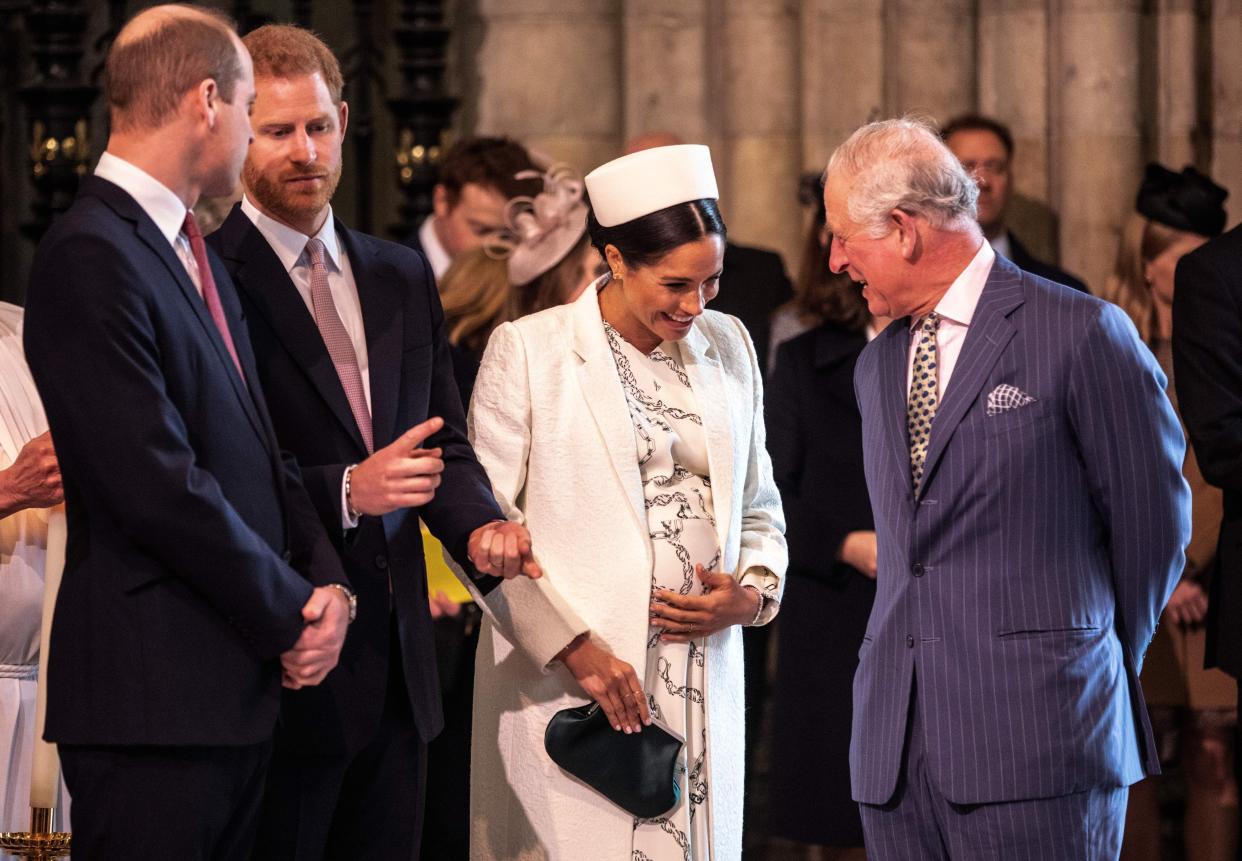 Duchess Meghan, then-Prince Charles, Prince William and Prince Harry gather as they attend the Commonwealth Day service at Westminster Abbey in London on March 11, 2019.